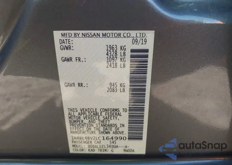 2020 Nissan Altima S Fwd z USA, uszkodzony, nr VIN 1N4BL4BV2LC164990